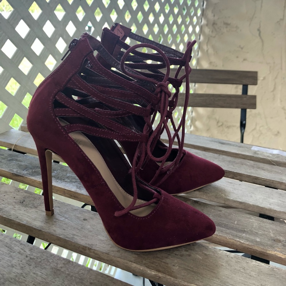 Burgundy faux suede strappy stilettos!